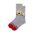 Pair of grey crew socks with a retro bowling design.  Features red, yellow, and blue accents and a bowling ball and pins graphic.