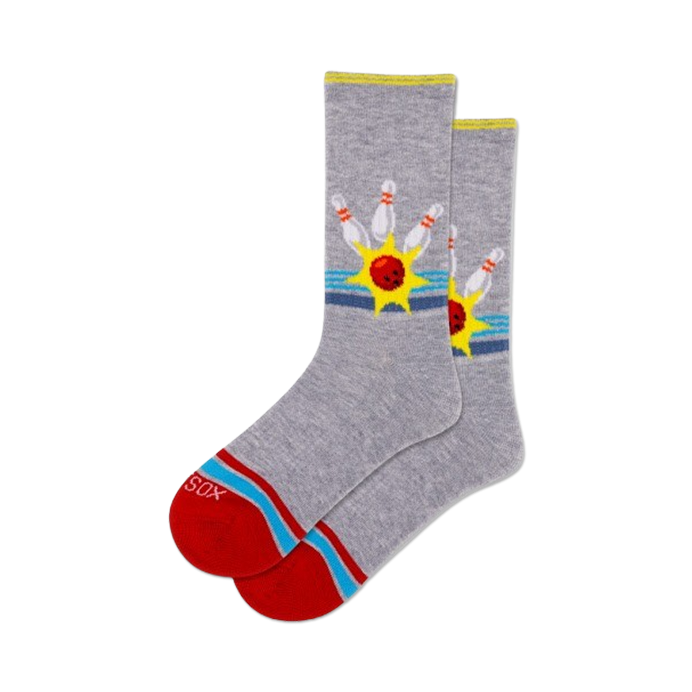 Pair of grey crew socks with a retro bowling design.  Features red, yellow, and blue accents and a bowling ball and pins graphic.