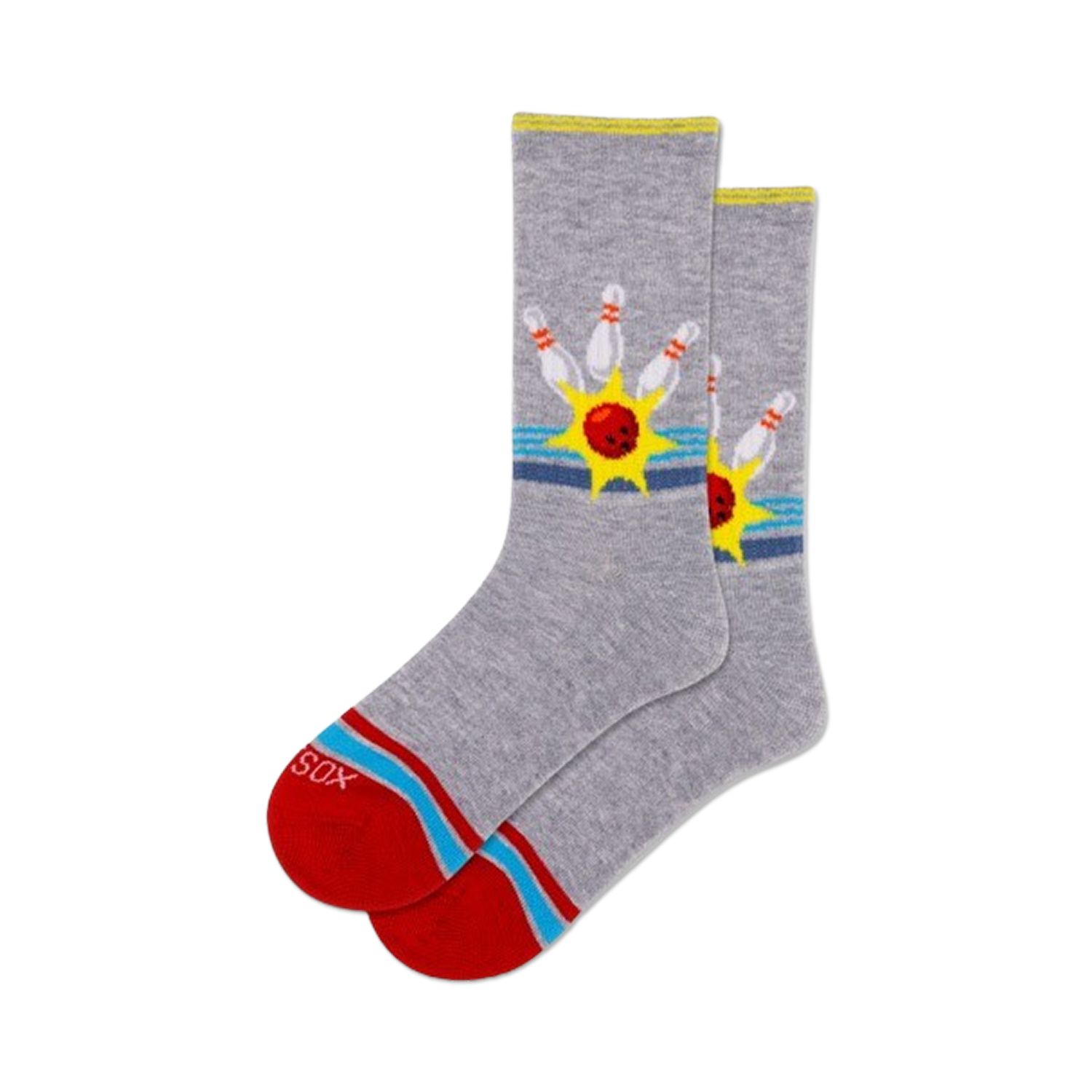 Pair of grey crew socks with a retro bowling design.  Features red, yellow, and blue accents and a bowling ball and pins graphic.