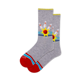 gray women's crew socks with retro bowling pattern of pins and balls.  
