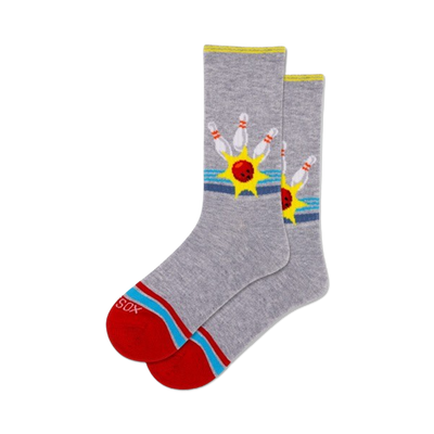 gray women's crew socks with retro bowling pattern of pins and balls.  