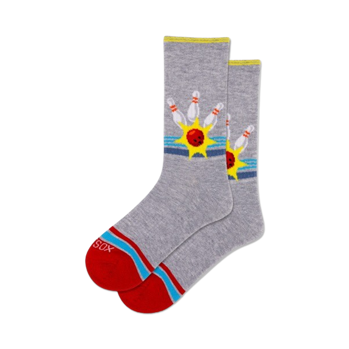 gray women's crew socks with retro bowling pattern of pins and balls.   }}