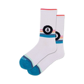 Pair of white crew socks with teal and rainbow stripes and an eight-ball graphic. 