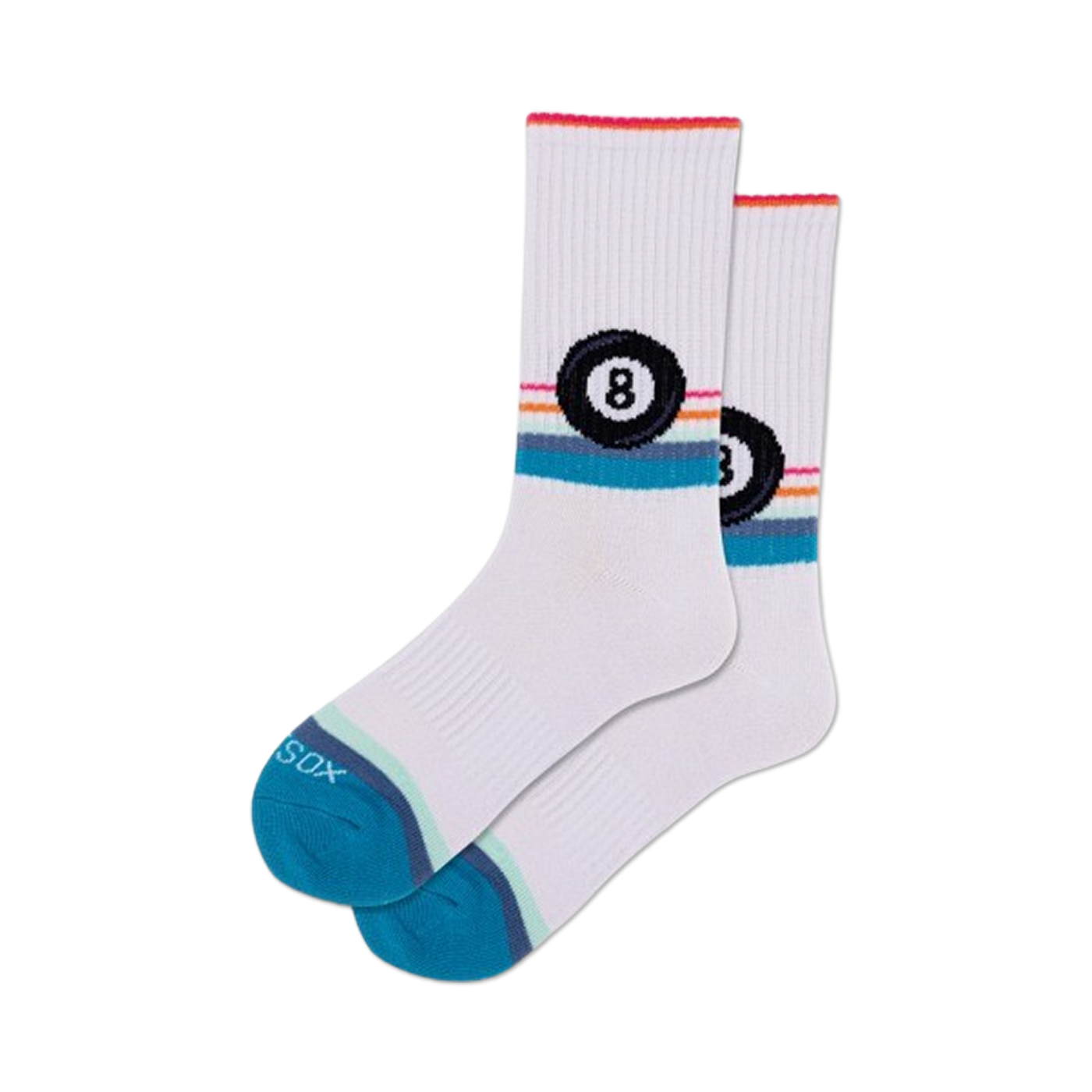 Pair of white crew socks with teal and rainbow stripes and an eight-ball graphic. 