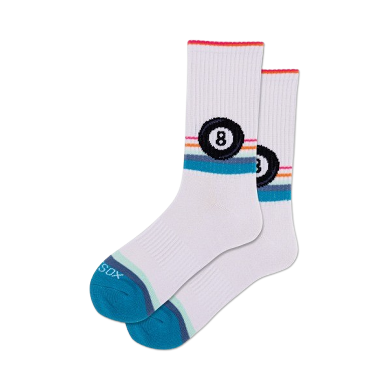 Pair of white crew socks with teal and rainbow stripes and an eight-ball graphic. 