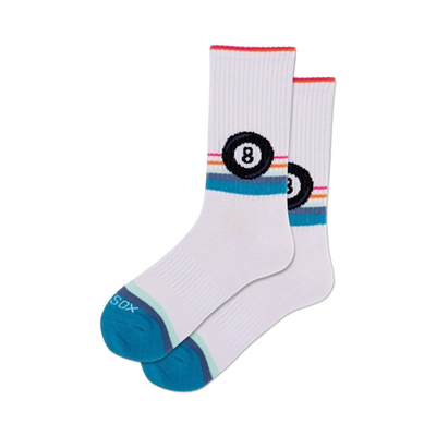 white crew socks feature colorful eight ball and stripe pattern.  