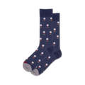 Pair of navy blue crew socks with a repeating pattern of white golf balls on red tees.