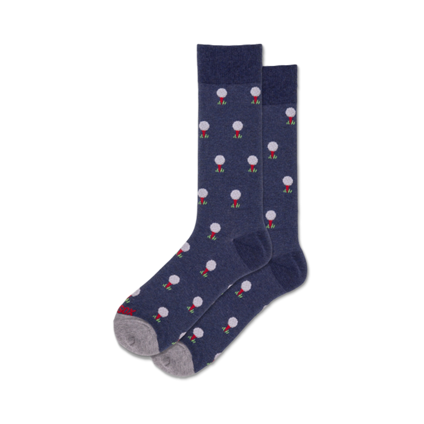 Pair of navy blue crew socks with a repeating pattern of white golf balls on red tees.
