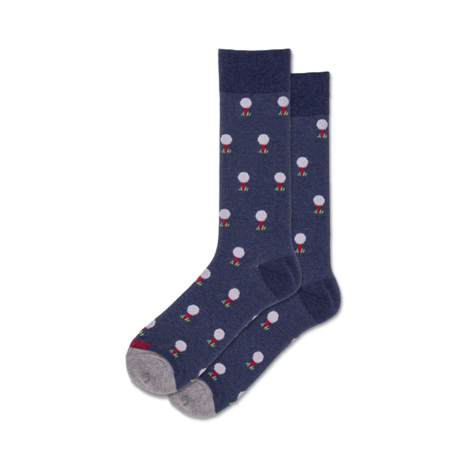 Pair of navy blue crew socks with a repeating pattern of white golf balls on red tees.