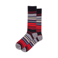 Pair of crew socks in grey, navy, and red horizontal stripes.  The stripes are thick and multicolored, creating a bold look.