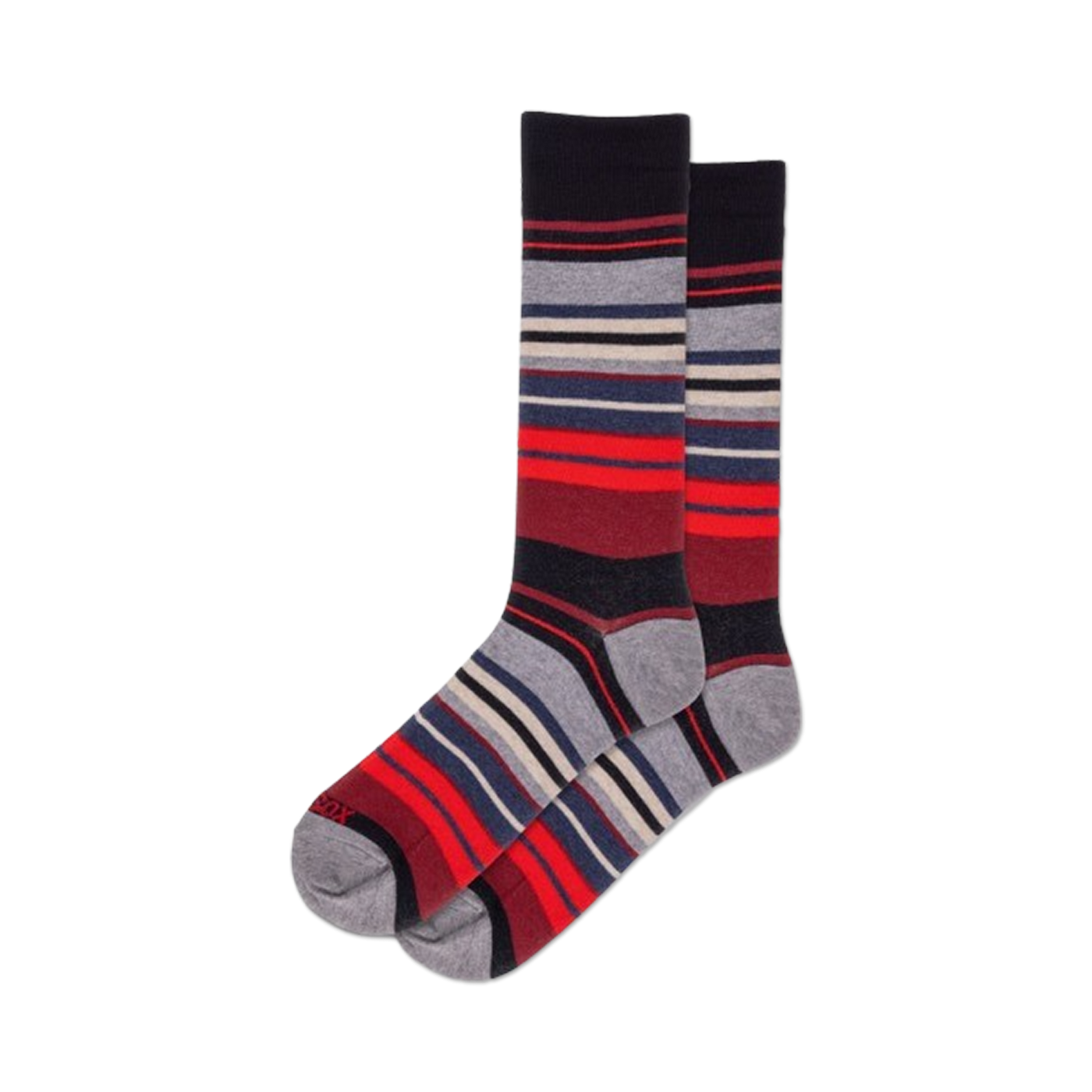 Pair of crew socks in grey, navy, and red horizontal stripes.  The stripes are thick and multicolored, creating a bold look.