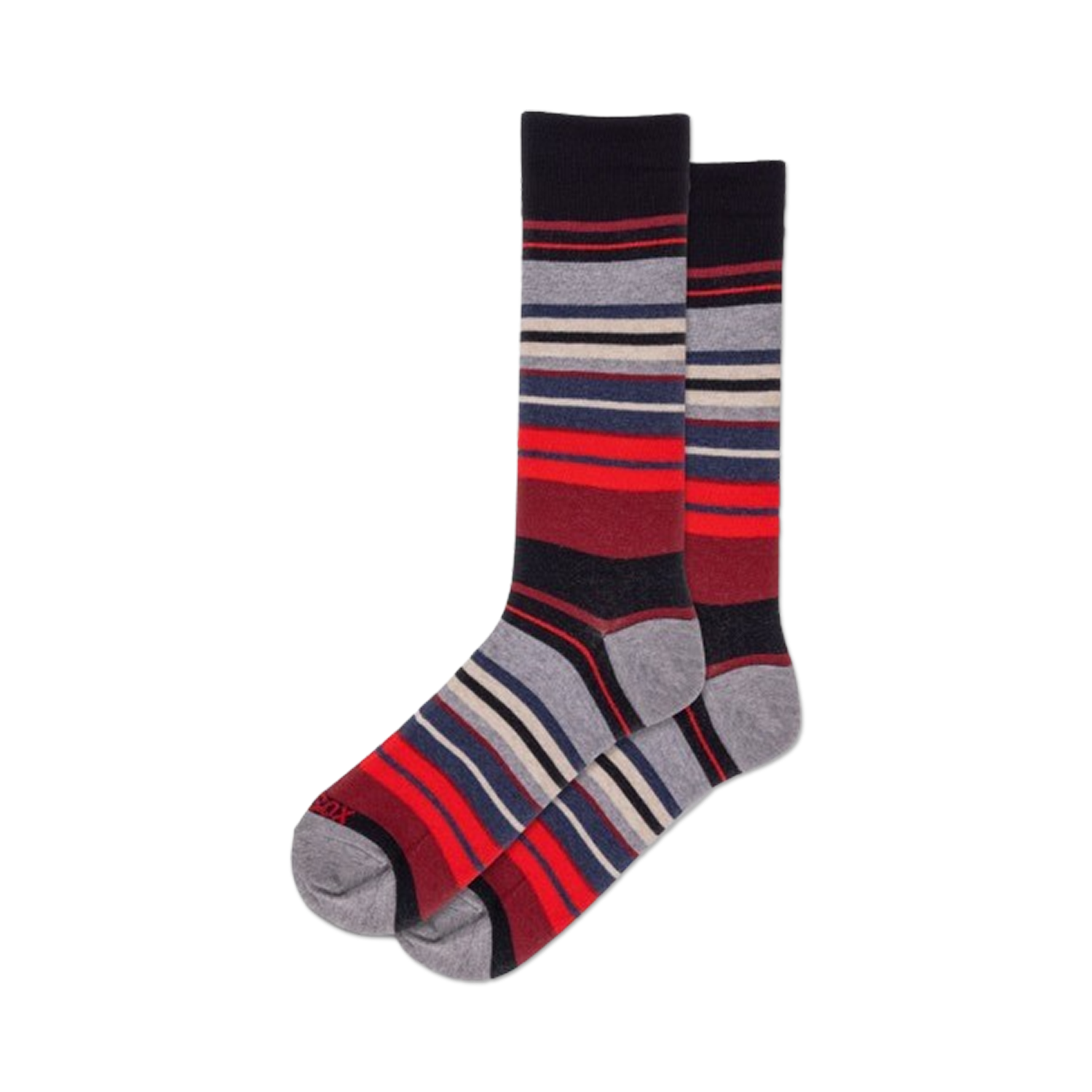 Pair of crew socks in grey, navy, and red horizontal stripes.  The stripes are thick and multicolored, creating a bold look.