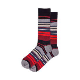 crew length mixed stripe pattern in black, red, gray blue, white and burgundy colors for men.   