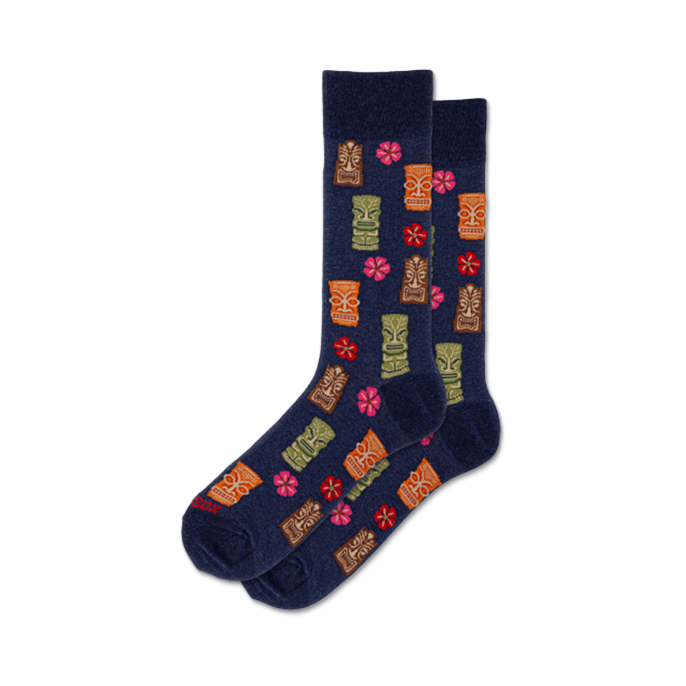 Pair of navy blue crew socks with a fun pattern of colorful tiki gods and pink hibiscus flowers.