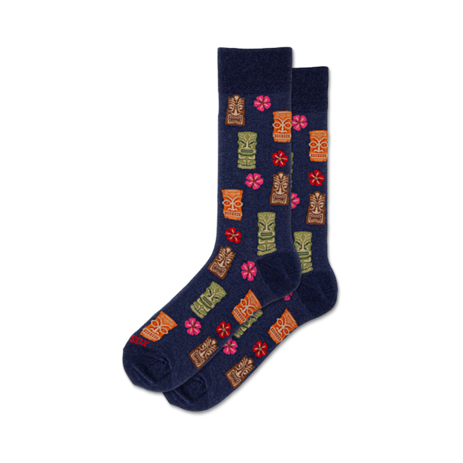 Pair of navy blue crew socks with a fun pattern of colorful tiki gods and pink hibiscus flowers.