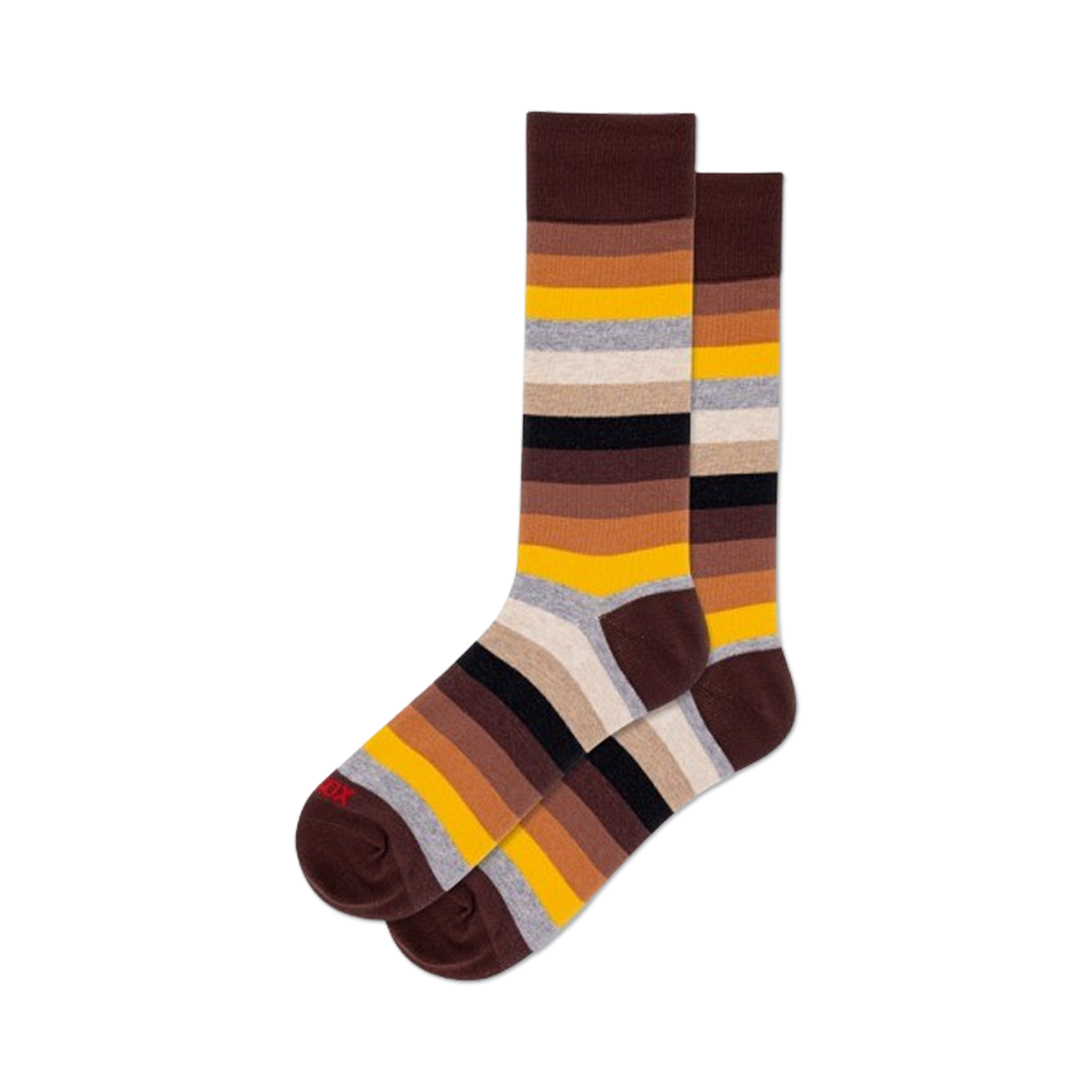 Pair of brown ombre stripe crew socks. Features horizontal stripes in shades of brown, beige, and mustard yellow.