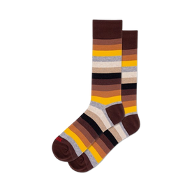 men's ombre stripe crew socks in brown, yellow, and gray.  