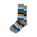 Pair of gray ombre stripe crew socks. Features horizontal stripes in shades of gray, teal, and orange.