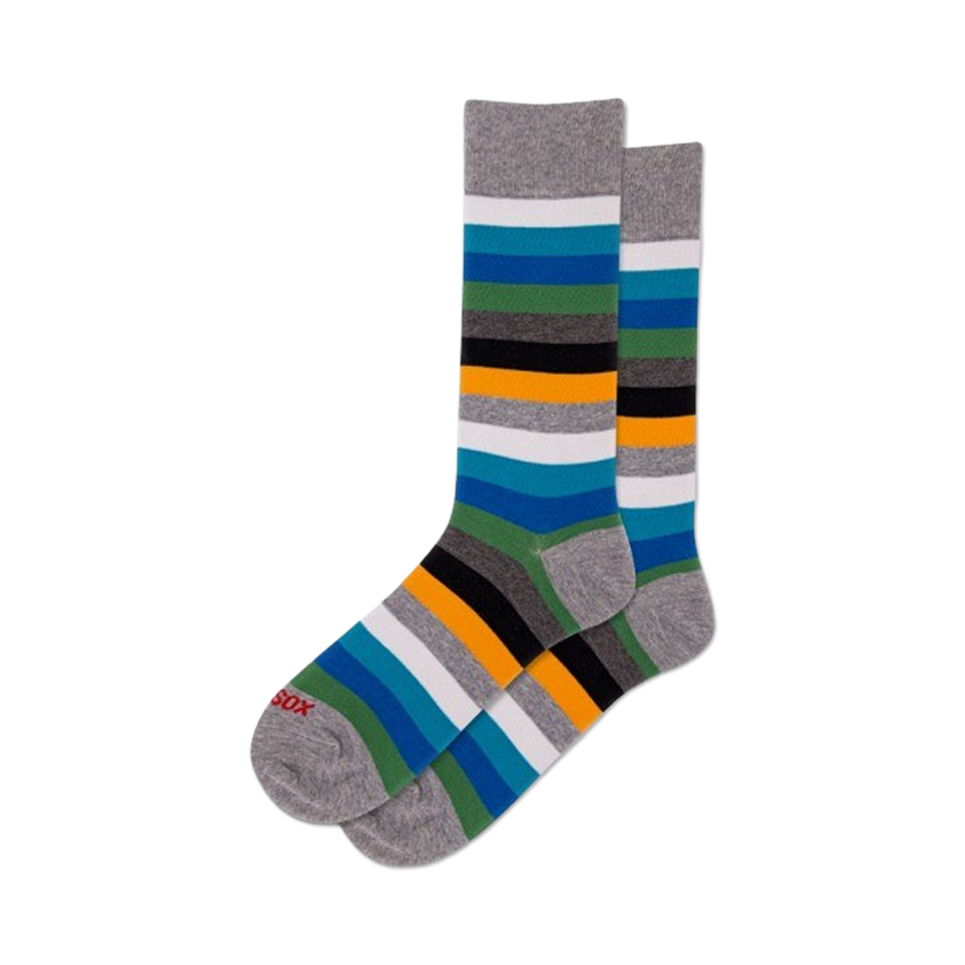 Pair of gray ombre stripe crew socks. Features horizontal stripes in shades of gray, teal, and orange.