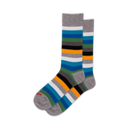 Pair of gray ombre stripe crew socks. Features horizontal stripes in shades of gray, teal, and orange.