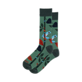 Pair of crew socks in green, featuring a whimsical tree frog design with red and blue accents and tropical leaves.