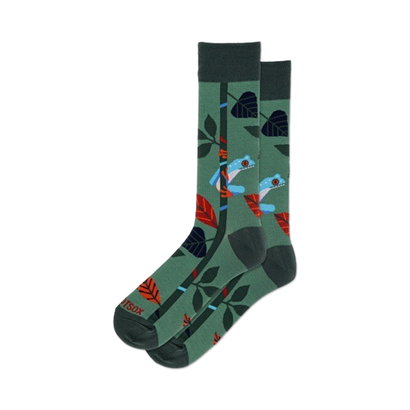 Pair of crew socks in green, featuring a whimsical tree frog design with red and blue accents and tropical leaves.