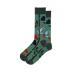 Pair of crew socks in green, featuring a whimsical tree frog design with red and blue accents and tropical leaves.