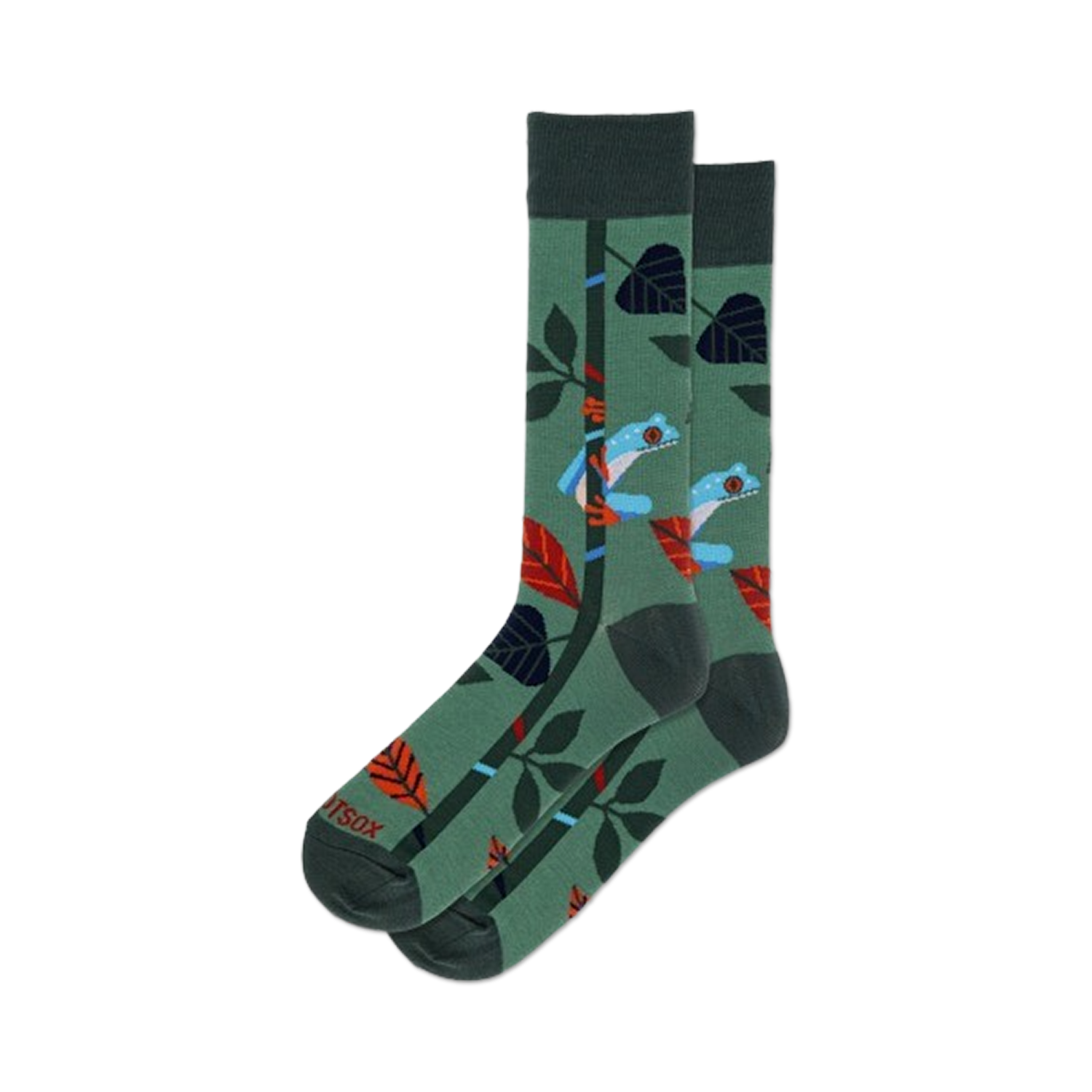 Pair of crew socks in green, featuring a whimsical tree frog design with red and blue accents and tropical leaves.