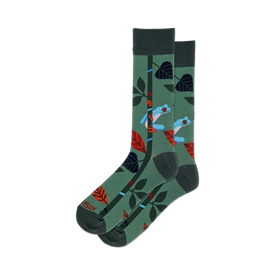 mens crew socks with a pattern of blue and orange tree frogs, green vines, and blue and green leaves.  