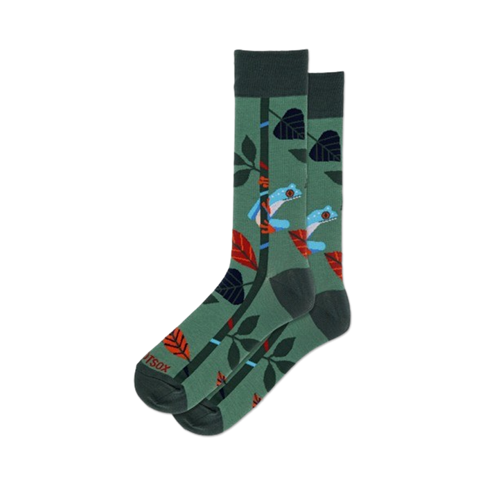 mens crew socks with a pattern of blue and orange tree frogs, green vines, and blue and green leaves.  