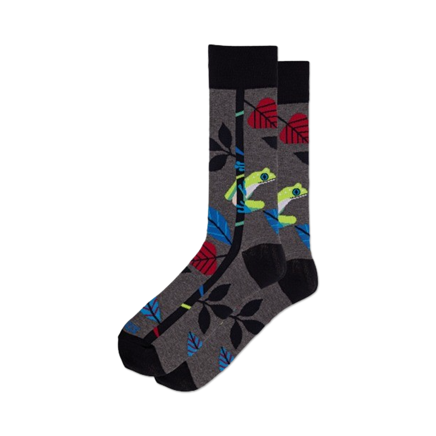 Pair of gray crew socks with the same tree frog design, but with different color accents.