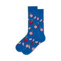 Pair of blue crew socks with a whimsical pattern of red and white dragon fruit.  A fun, tropical design!