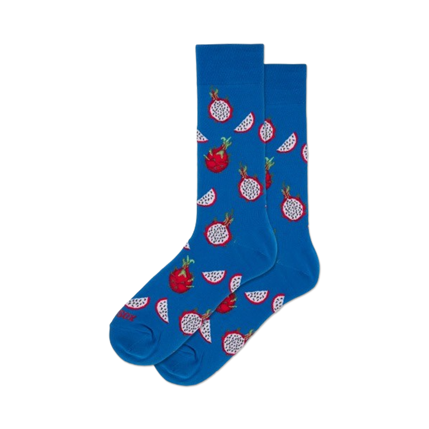 Pair of blue crew socks with a whimsical pattern of red and white dragon fruit.  A fun, tropical design!