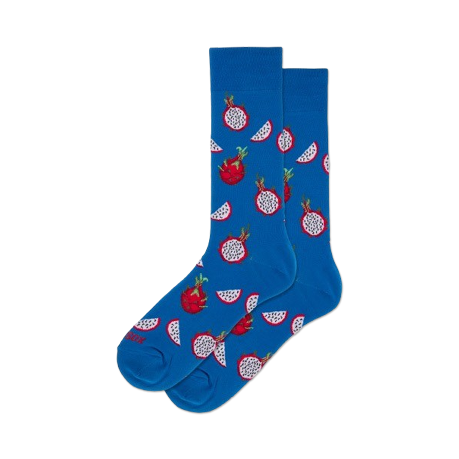 Pair of blue crew socks with a whimsical pattern of red and white dragon fruit.  A fun, tropical design!
