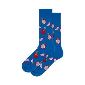 blue crew socks with a vibrant red dragon fruit pattern.   