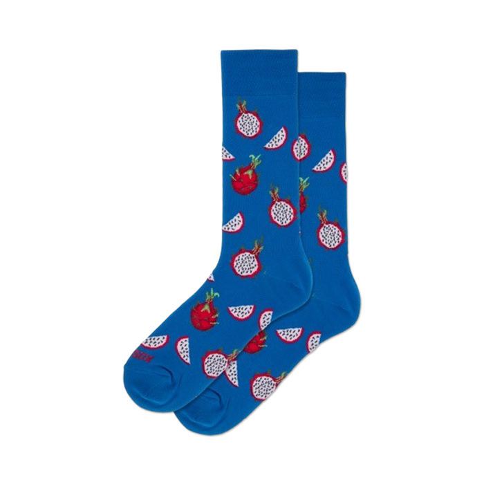 blue crew socks with a vibrant red dragon fruit pattern.    }}