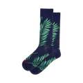 Pair of navy blue crew socks featuring a vibrant green palm leaf pattern. Comfortable and stylish.