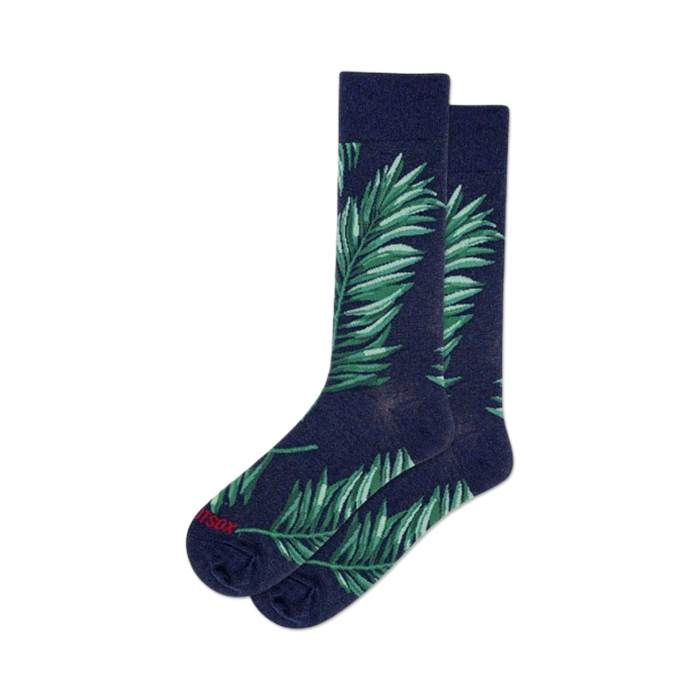 Pair of navy blue crew socks featuring a vibrant green palm leaf pattern. Comfortable and stylish.