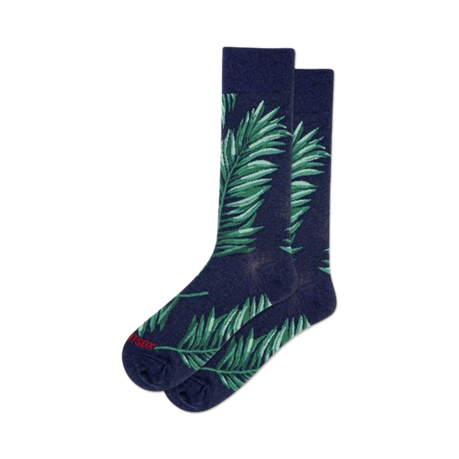 Pair of navy blue crew socks featuring a vibrant green palm leaf pattern. Comfortable and stylish.