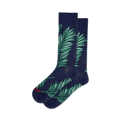 dark blue crew socks with palm leaf pattern for men.  