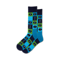 Pair of crew socks in blue, green, and navy.  A fun pattern of retro vinyl records is displayed in a grid across the socks.