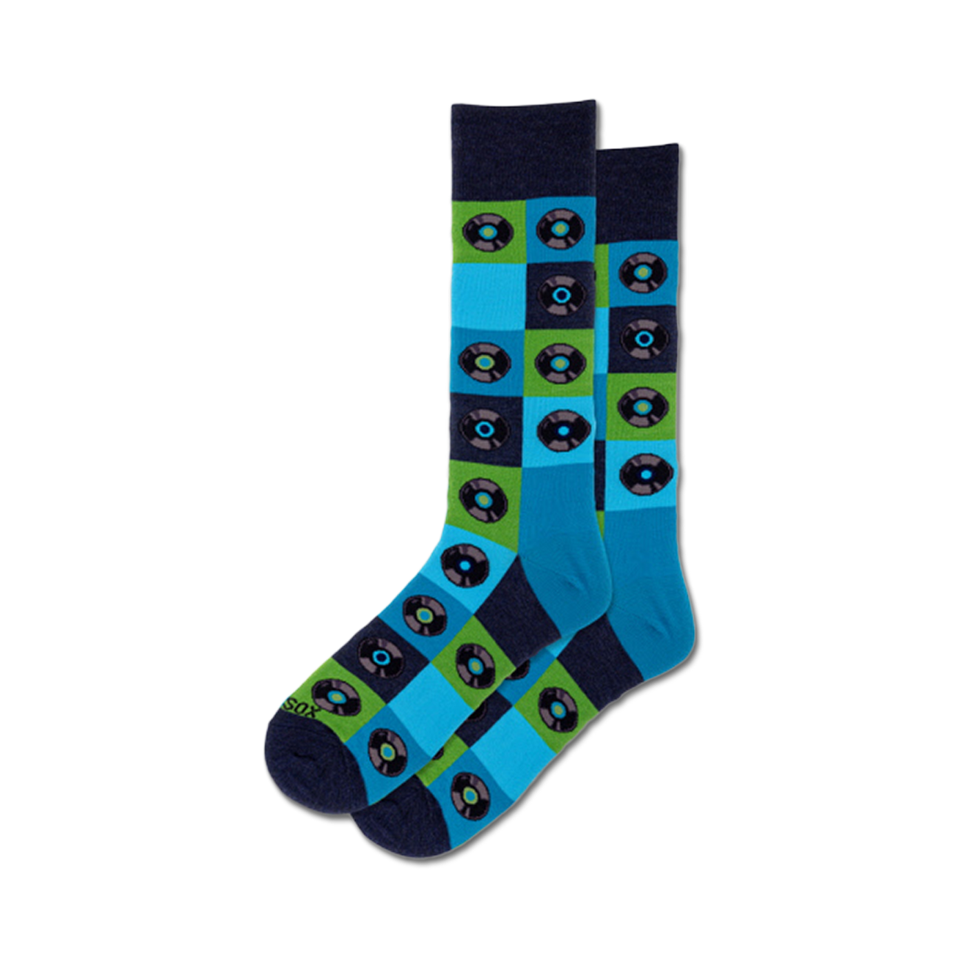 Pair of crew socks in blue, green, and navy.  A fun pattern of retro vinyl records is displayed in a grid across the socks.