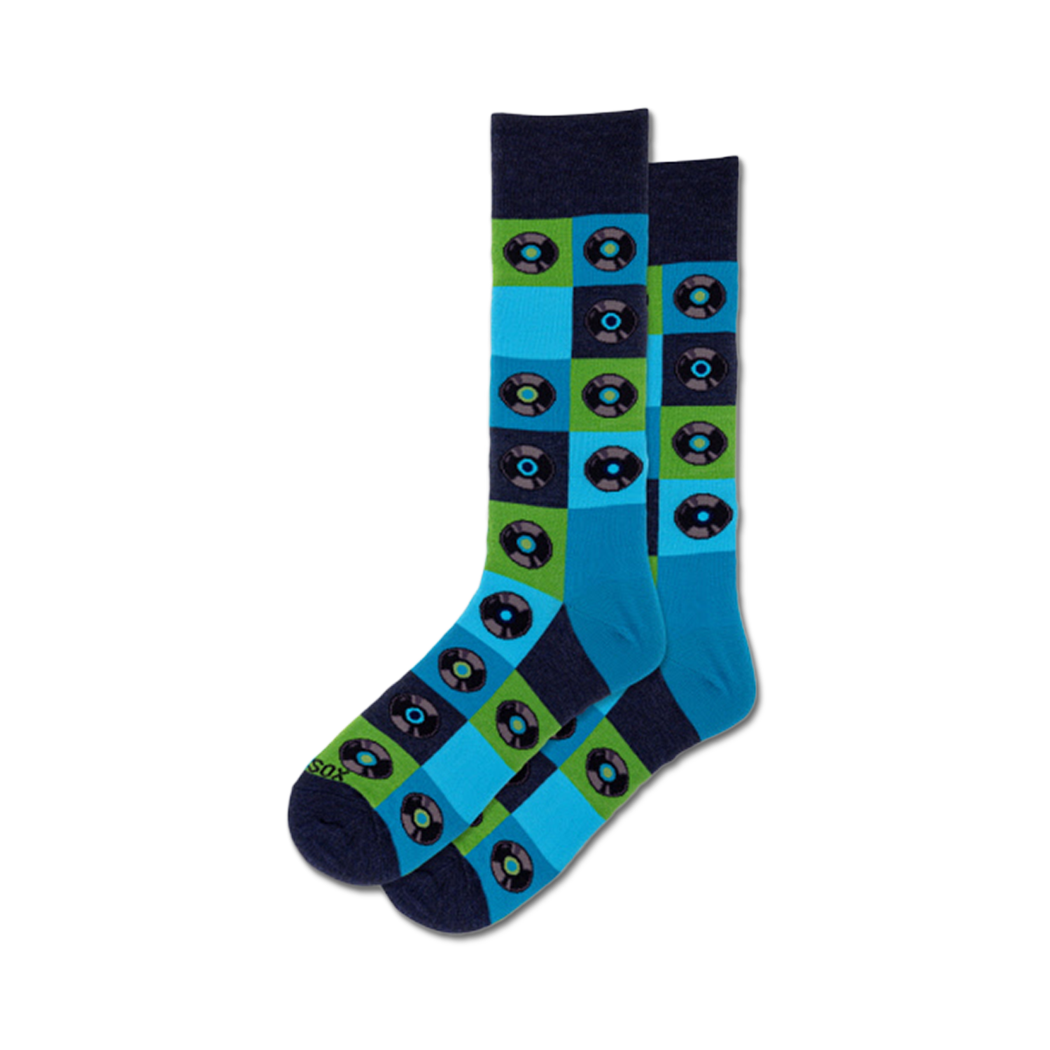 Pair of crew socks in blue, green, and navy.  A fun pattern of retro vinyl records is displayed in a grid across the socks.