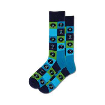 dark blue crew socks with multicolored record pattern, featuring green cuff and blue toe and heel.  