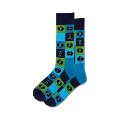 dark blue crew socks with multicolored record pattern, featuring green cuff and blue toe and heel.  