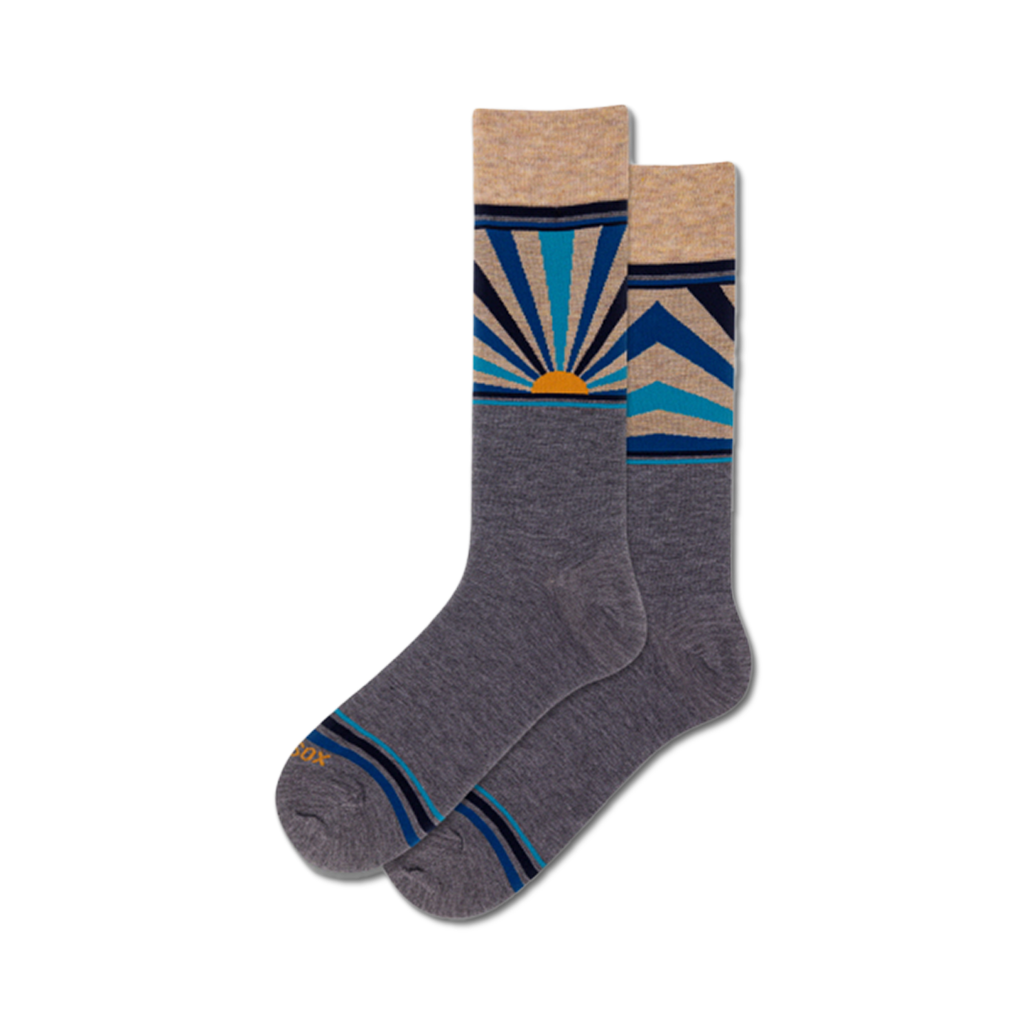 Pair of gray crew socks with a colorful sunrise design. The design includes shades of blue, beige, and orange, with geometric sun rays.