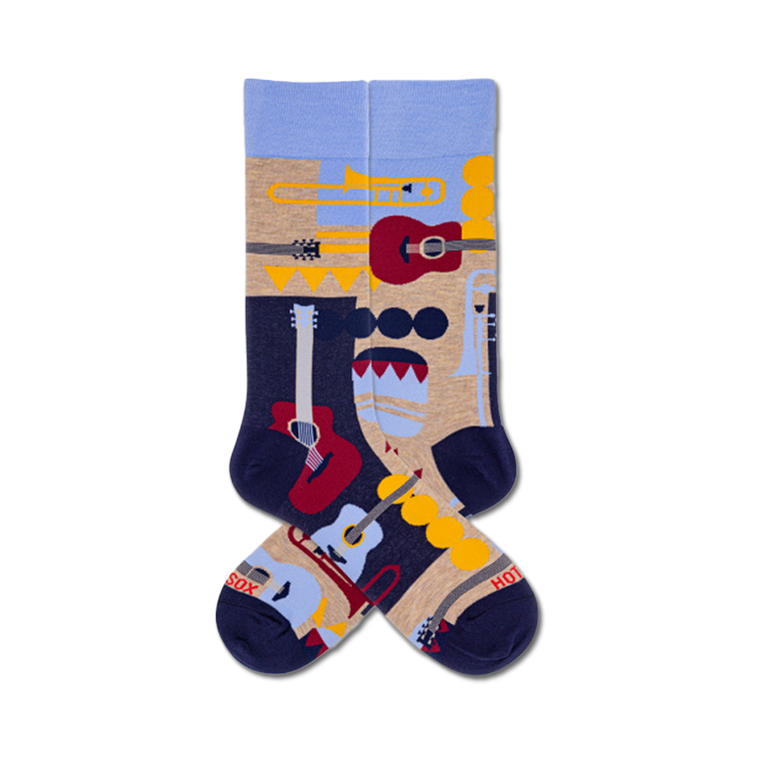 A pair of crew socks with a retro music theme. The socks feature illustrations of guitars, trumpets, and other instruments in shades of blue, red, yellow, and beige.