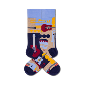 mens crew socks with musical instruments brown red yellow white beige pattern  