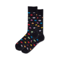 Pair of black crew socks with multicolored pixelated alien invaders.  Fun, geeky design for casual wear.