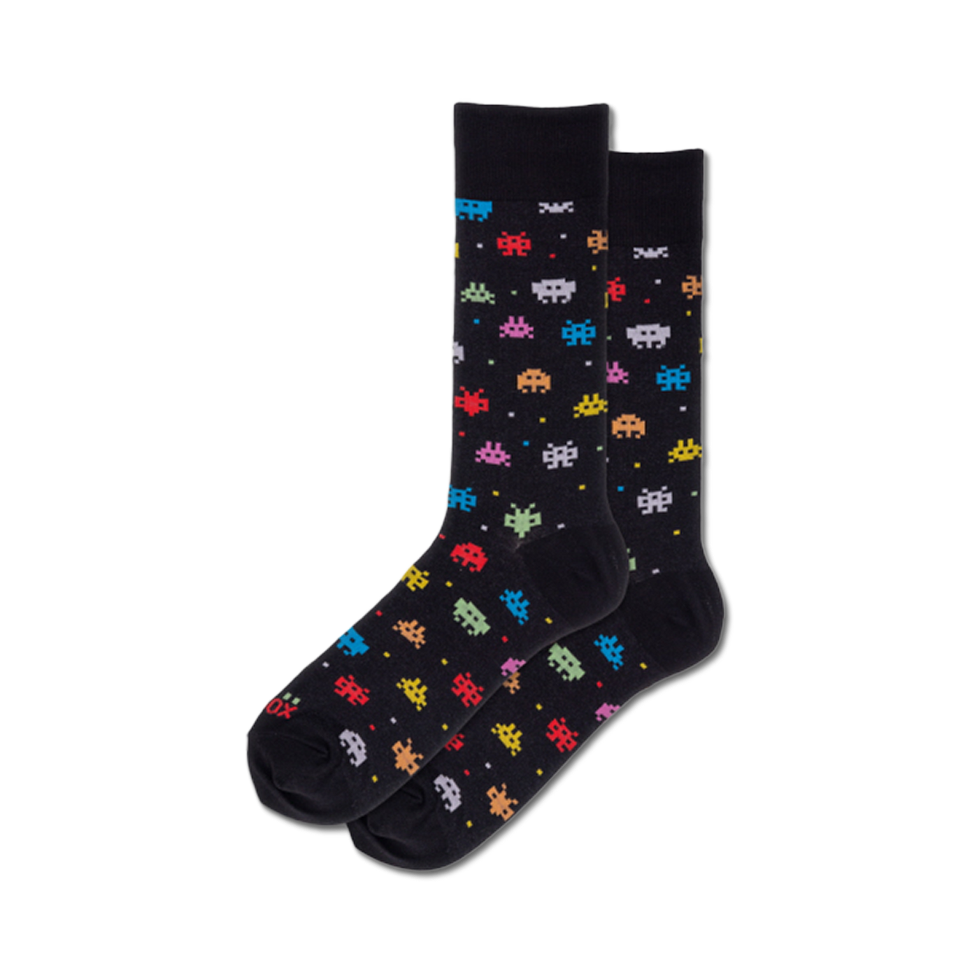 Pair of black crew socks with multicolored pixelated alien invaders.  Fun, geeky design for casual wear.